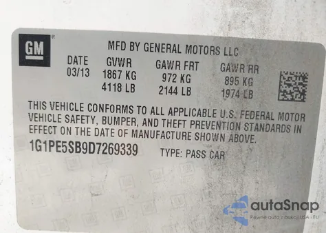 2013 Chevrolet Cruze 2Lt Auto from USA, damaged, VIN 1G1PE5SB9D7269339